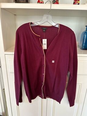 Ann Taylor Factory Burgundy Cardigan with Tan Trim